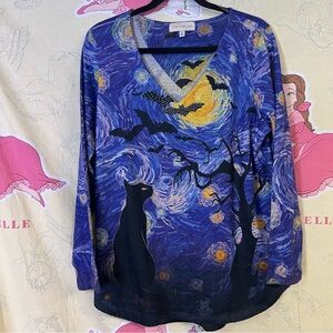Blue Starry Night Cat Print Top